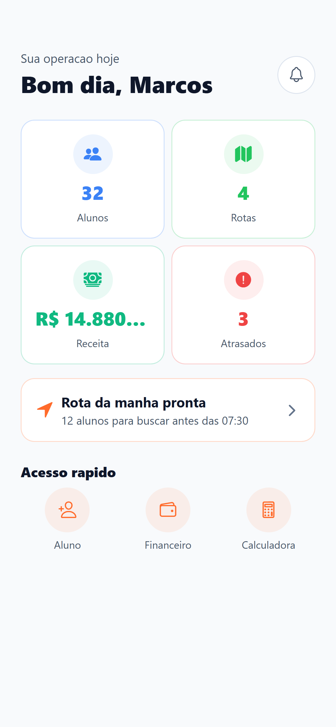 Painel do aplicativo VanLar com alunos, rotas e indicadores da operação